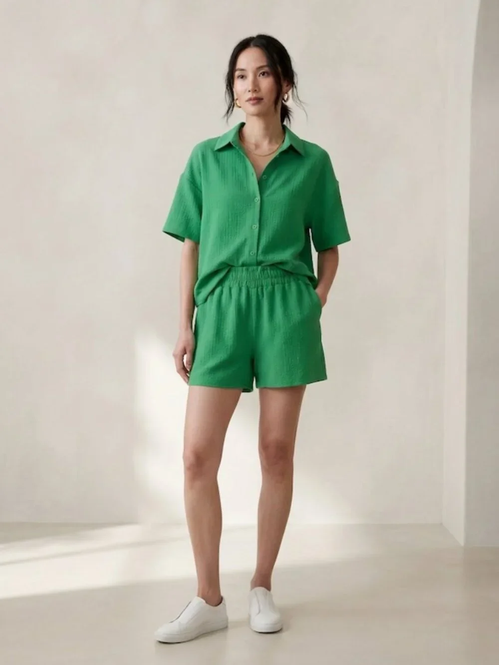 SHEIN Textured Short Set Two Piece Outfit Co-Ord Vacation Green Size L